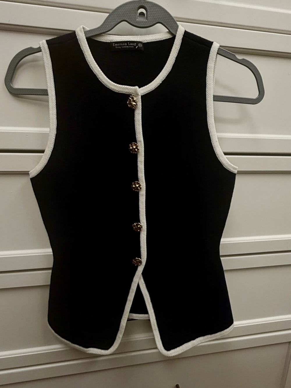 Black Sleeveless Knit Top with Gold Buttons and Ivory Trim WORN ONCE